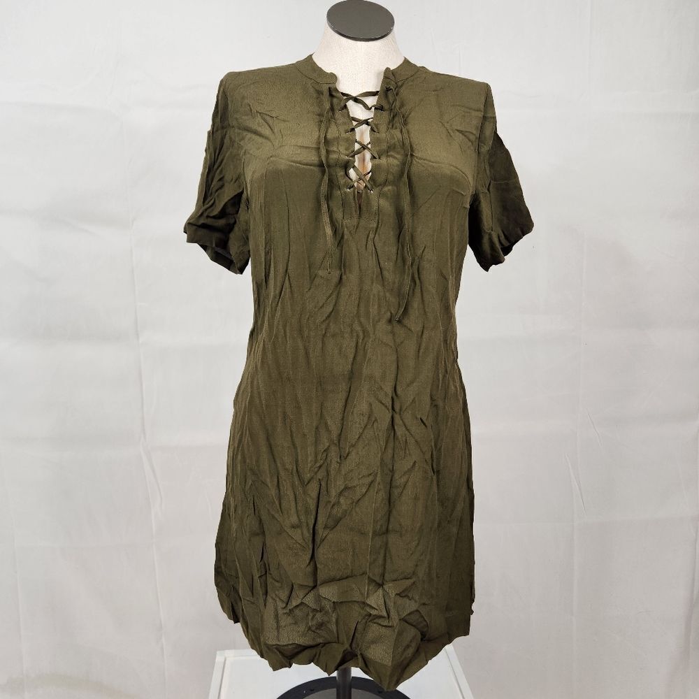 Madewell Olive Green Lace Up Shift Dress Boho T Shirt Mini Sz M Novella - Picture 4 of 14